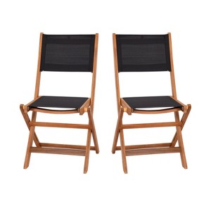 Emma and Oliver Set of Two Weather Resistant All Natural Acacia Wood Folding Bistro Chairs with Textilene Mesh Seats and Backs - 1 of 4