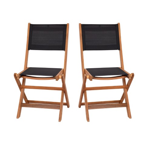 Emma and Oliver Set of Two Weather Resistant All Natural Acacia Wood  Folding Bistro Chairs with Textilene Mesh Seats and Backs