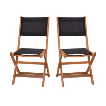Merrick Lane Set of 2 Indoor/Outdoor Acacia Wood Folding Patio Bistro Chairs with Black Textilene Mesh Back and Seat, Natural