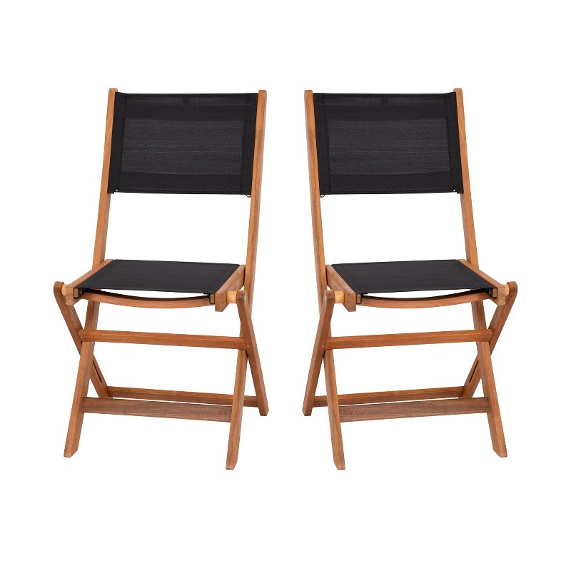 Merrick Lane Set of 2 Indoor/Outdoor Acacia Wood Folding Patio Bistro Chairs with Black Textilene Mesh Back and Seat, Natural, 1 of 13