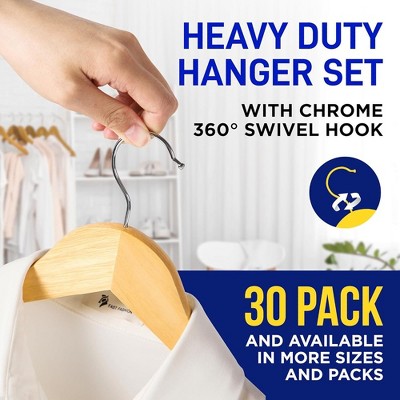 Natural Maple Wooden Suit Hangers with 360° Swivel Hooks - Pack of 30