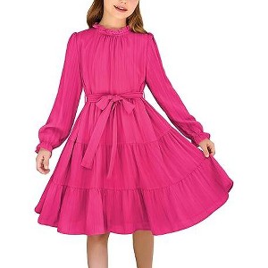 Arshiner Girls Long Sleeve Dress Tween Fall Formal Party Holiday Midi Tiered Flowy Swing Dresses with Belt - 1 of 4