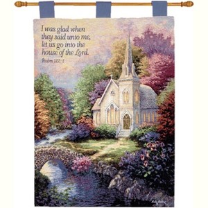 Manual Woodworkers and Weavers Wall Hanging with Finial Rod, Church in the Country by Nicky Boehme, 26 x 36 Inches, Inspirational Verse Art - 1 of 3
