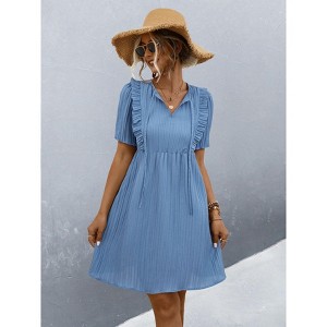 Coolmee Women Summer Mini Dress Drawstring V-Neck Puff Short Sleeve Short Sundress XL Blue - 1 of 4