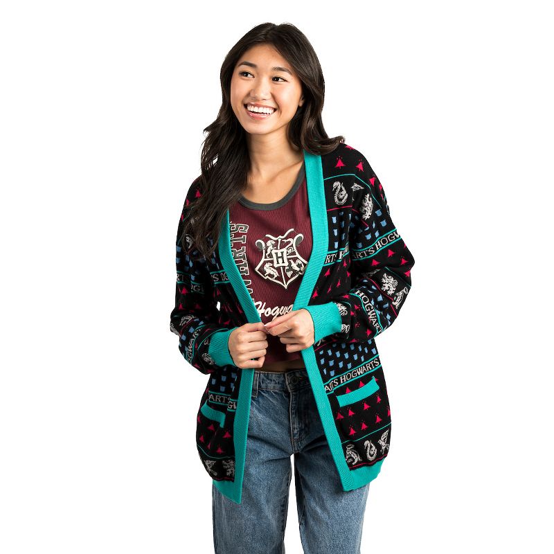 Women's Officially Licensed Harry Potter Relaxed Fit Knit Cardigan - Black with Teal Ribbing & House Icons Jacquard Print, 2 of 5