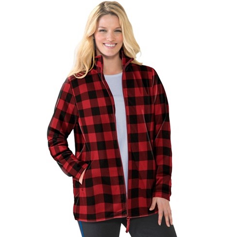 Woman Within Women s Plus Size Zip front Microfleece Jacket S Vivid Red Buffalo Plaid Target