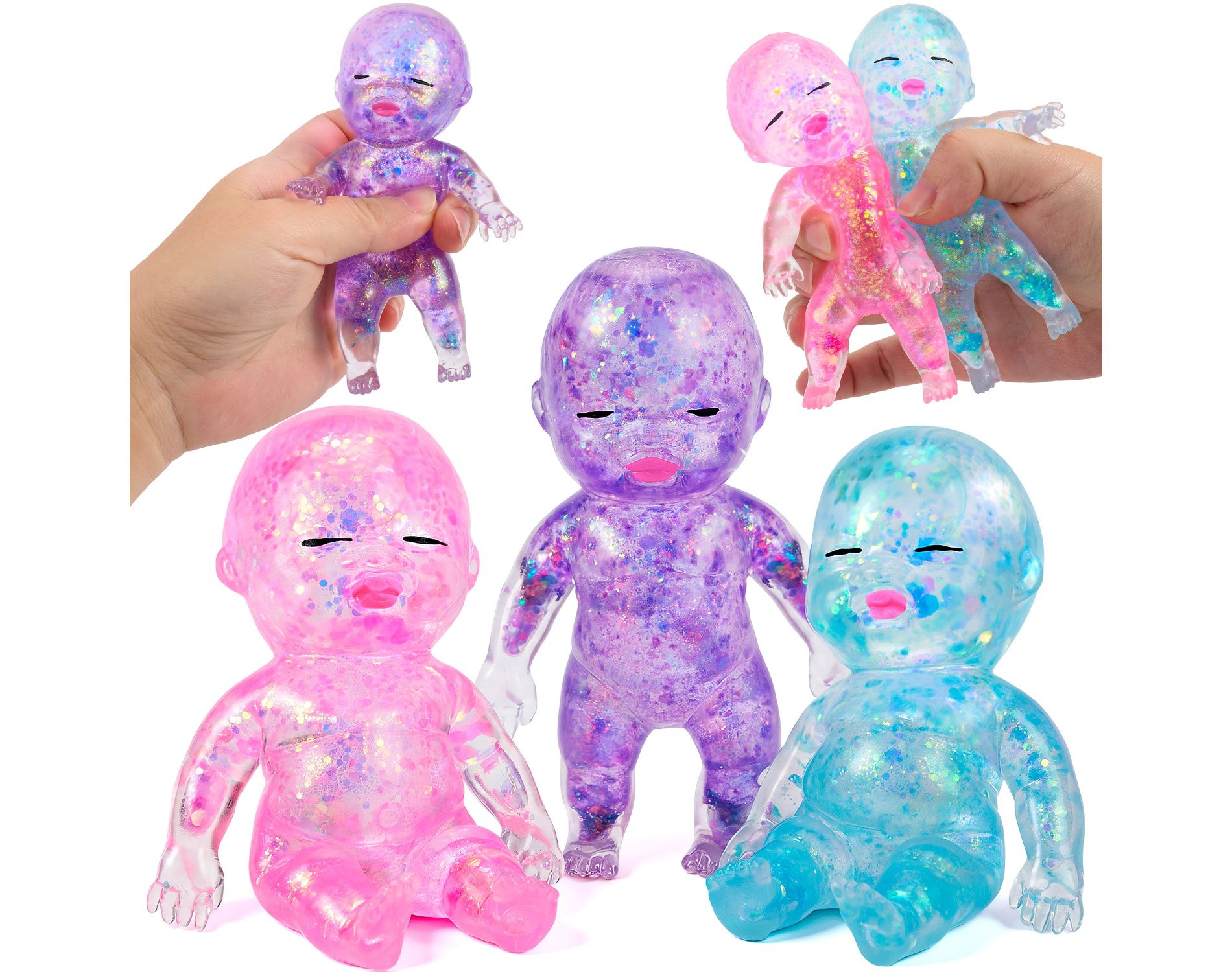 Joyfy 3PCS Small Baby Stress Relief Toy, 4.3''Glitter Squishy Slow Rising Toy for Kids & Adults,Soft Squeeze Fidget Sensory Toy for Gift, Party Favors