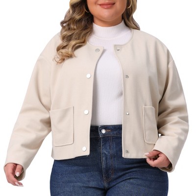 Agnes Orinda Women's Plus Size Button Down Long Sleeve Casual Cropped Bomber Jacket with Pockets