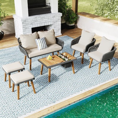 Kiki 6-Piece Woven Rope Patio Conversation Set with Acacia Wood Cool Bar Table, Outdoor Furniture with 2 Stools - Maison Boucle