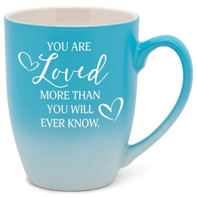 Elanze Designs You Are Loved More Than You Will Ever Know Two Toned Ombre Matte Pale Blue and White 12 ounce Ceramic Stoneware Coffee Cup Mug