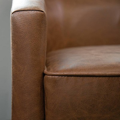 Walnut Faux Leather Swivel Barrel Chair with Metal Base