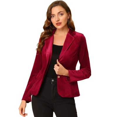 Allegra K Women's Suit Jacket Notched Lapel 1 Button Office Velvet Blazer  Dark Green X-Large