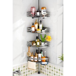 HAMITOR Shower Caddy Tension Pole：4-Tier Rustproof Bathroom Corner Shelf for Renters 47 121inches Adjustable Bathtub Organizer with Soap Holder large - 1 of 4