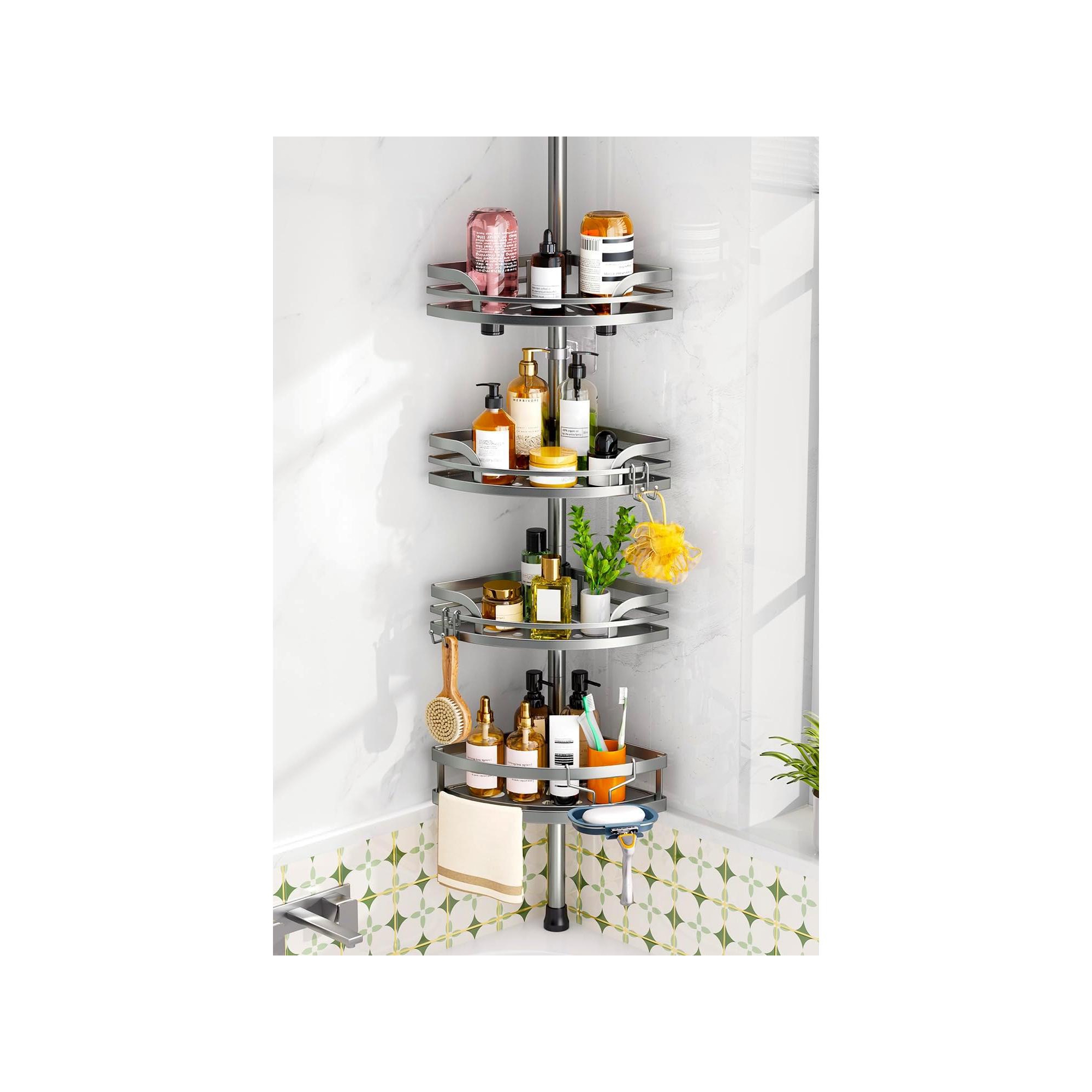 HAMITOR Shower Caddy Tension Pole: 4-Tier Rustproof Bathroom Corner Shelf for Renters 47 121 inches Adjustable Bathtub Organizer with Soap Holder