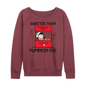 Women's - Peanuts - Lucy Thanksgiving Sweeter Than Pumpkin Pie Lightweight French Terry Wide Neck Long Sleeve Shirt - 1 of 4