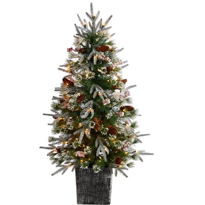 Nearly Natural 4-ft Frosted Artificial Christmas Tree Pre-Lit with 105 LED lights and Berries in Decorative Planter