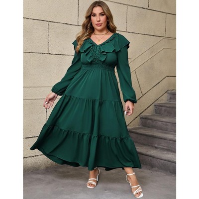 Plus Size Ruffle Maxi Dress for Women V Neck Long Sleeve Dress Casual Modest Fall Dresses Dark Green 3XL
