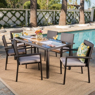 San Pico 7pc Wicker and Tempered Glass Dining Set - Brown/Beige - Christopher Knight Home