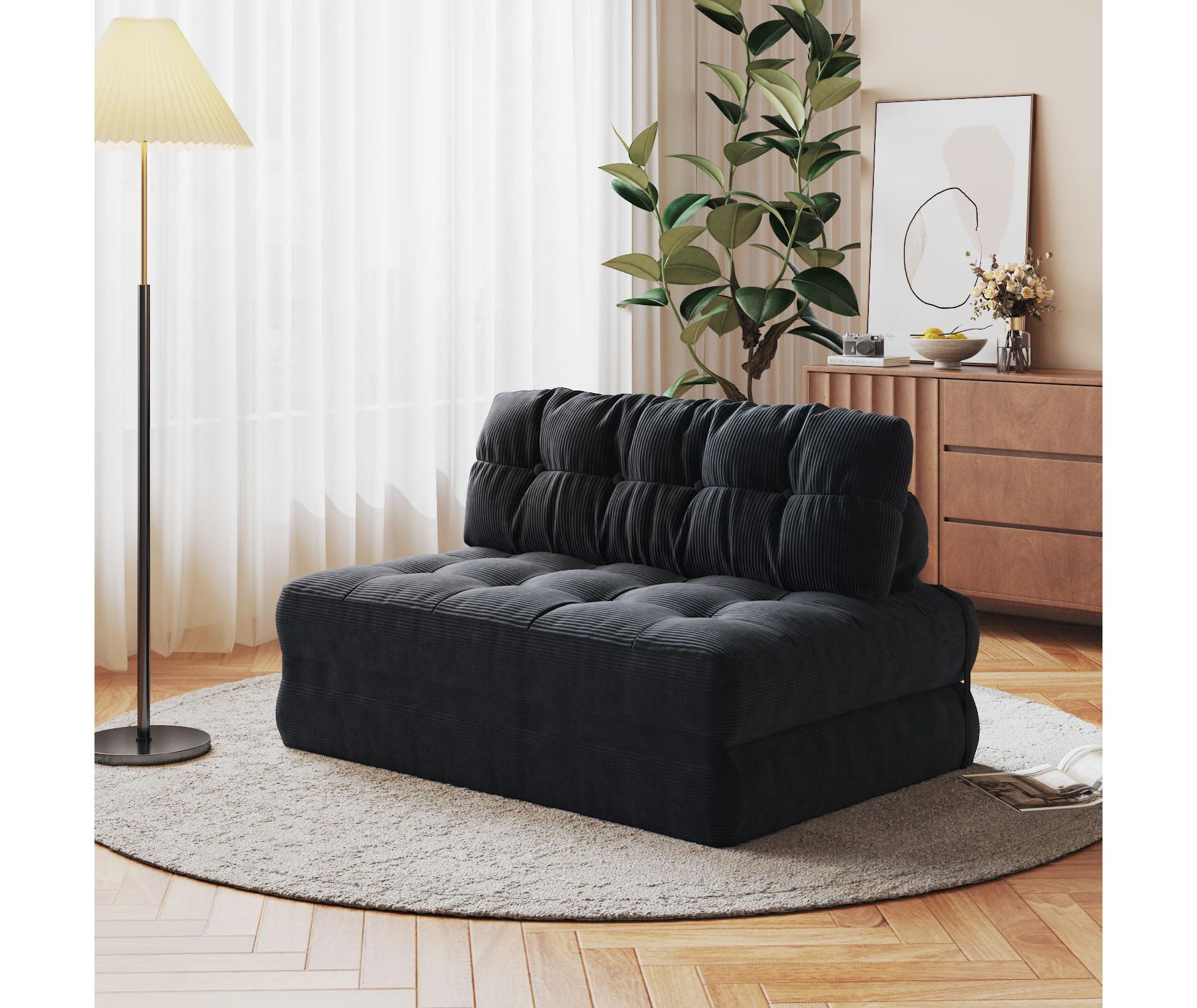 Folding Sofa Bed, Convertible Futon Sleeper Chair, Floor Fold Out Couch Bed with Pillow, Portable Corduroy Sofa Bed for Living Room