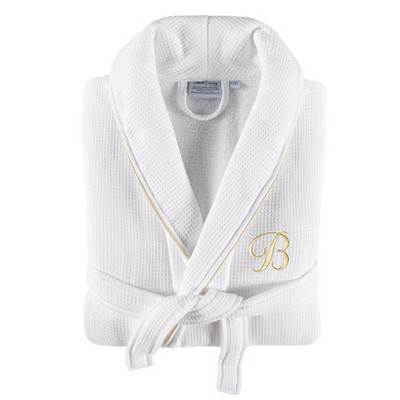Linum Home Textiles Hotel 100% Turkish Cotton Waffle Terry Personalized White Bathrobe with Gold Satin Piped Trim in Gold Script Font