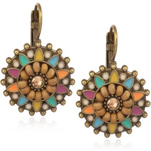 Bohemian Round Flower Dangle Earrings, Sparkling Crystal & Beaded Bronze Retro Leverback Design - 1 of 4