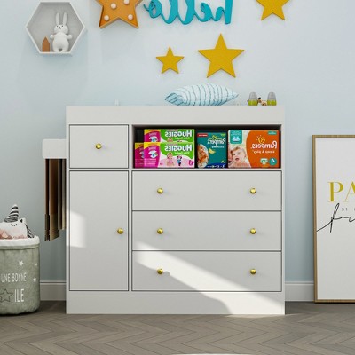FUFU&GAGA White Changing Table with Safe Changing Station - Multifunctional Storage Dresser for Nursery