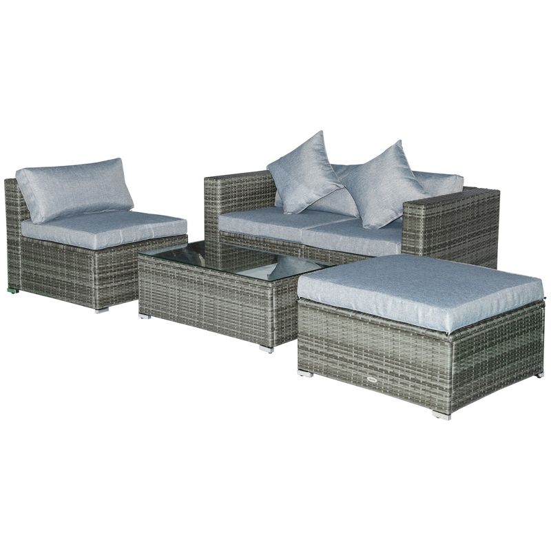 Outsunny 5-Piece Outdoor Sectional Furniture, Patio Sofa Set, PE Wicker Couch, Cushions, Pillows, Ottoman, Coffee Table, 4 of 7