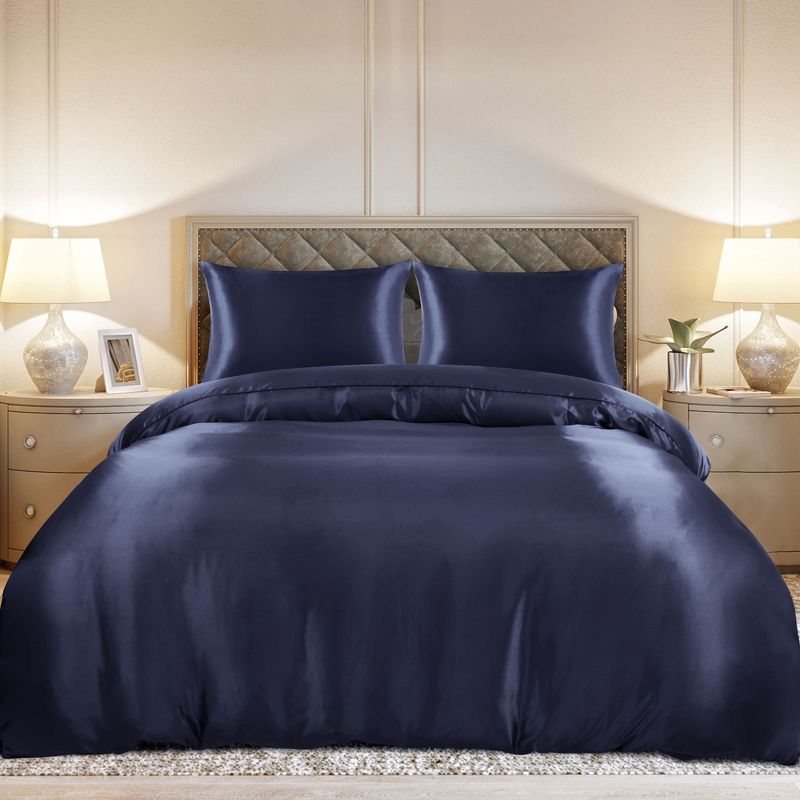 PiccoCasa Silk Satin Solid Reversible Bed Duvet Cover Set 3 Pcs, 4 of 7