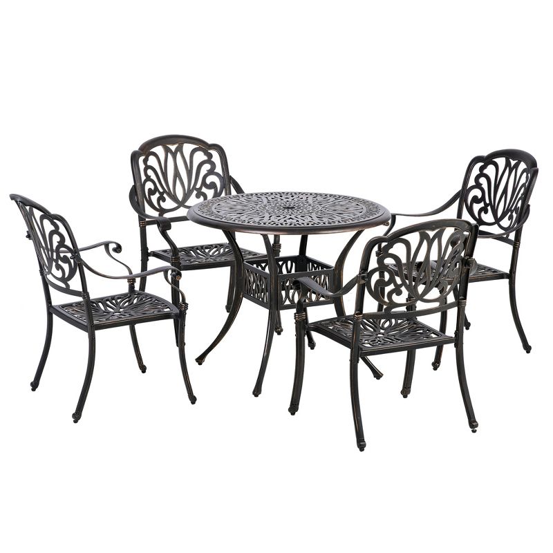 Outsunny Outdoor Furniture Cast Aluminum Dining Set for 4, Round Patio Table and Chairs w/ Umbrella Hole, Stackable Design, Adjustable Feet, Bronze, 1 of 9