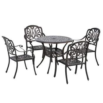 Outsunny Outdoor Furniture Cast Aluminum Dining Set for 4, Round Patio Table and Chairs w/ Umbrella Hole, Stackable Design, Adjustable Feet, Bronze