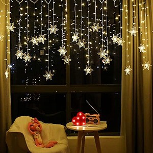 FAAYFIAN 13 ft 96-LED Snowflake Curtain Lights, Warm White Window String Lights with 8 Modes - 1 of 4