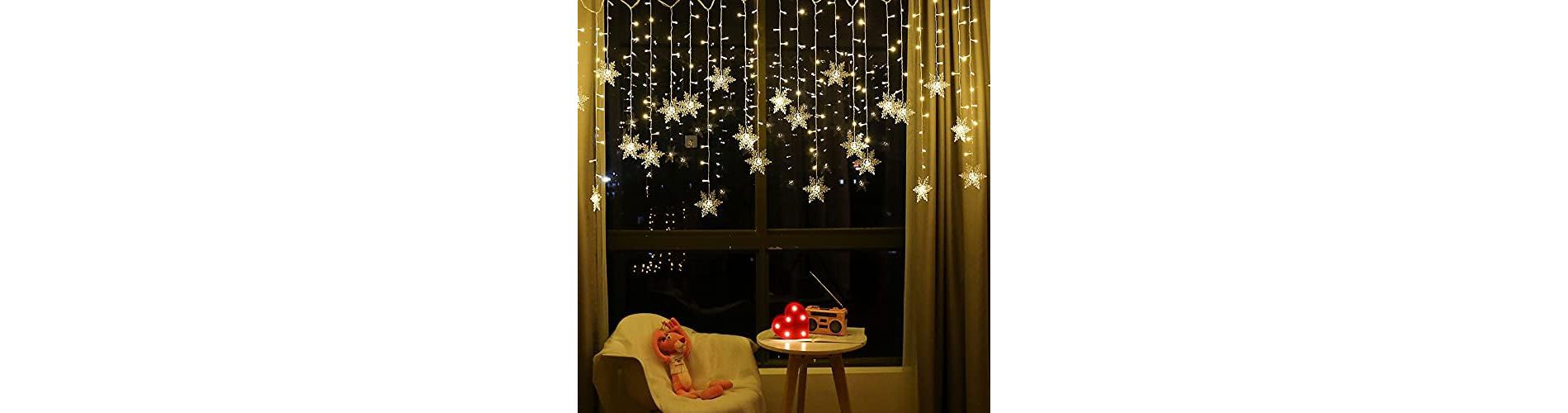 FAAYFIAN 13 ft 96-LED Snowflake Curtain Lights, Warm White Window String Lights with 8 Modes