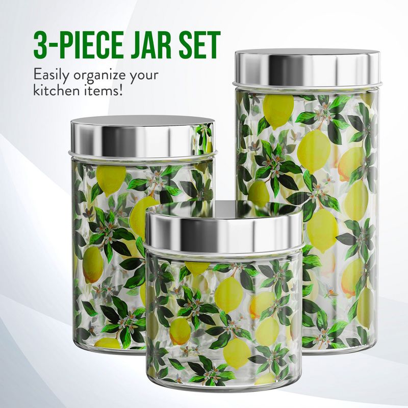 American Atelier Glass Set of 3 Jars, Lemon Design Airtight Metal Lid Food Storage Containers, 30, 44, and 59-Ounce Capacity, Dishwasher Safe, 2 of 8