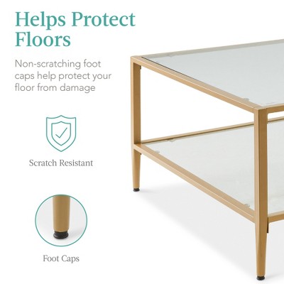 Elegant Gold 35" Square 2-Tier Glass Coffee Table