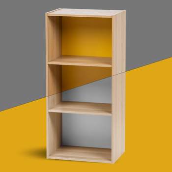 IRIS USA 3-Tier Wood Storage Shelf with Reversible Backboard, Cube Bookshelf Storage, Yellow/White