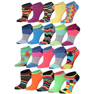 Tipi Toe Women's 20 Pairs Colorful Vibrant Stripes Zigzag PaintSplash Geometric Patterned Low Cut/No Show Socks