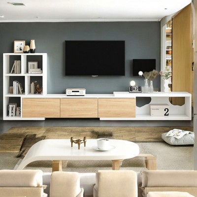 Alilang 126.00 Inch Modular Entertainment Center with Open Shelves and Hidden Storage Compartments - White