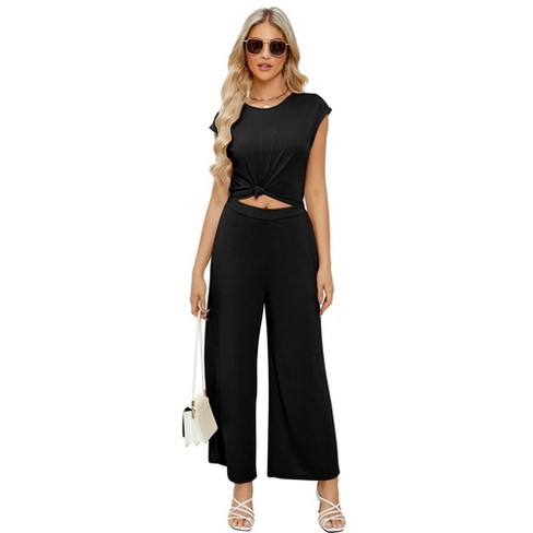  CUPSHE Women's V Neck Casual Loose Short Sleeves Jumpsuit  Elastic Waist Stretchy Long Romper Jumpsuit, Black S : Clothing, Shoes &  Jewelry