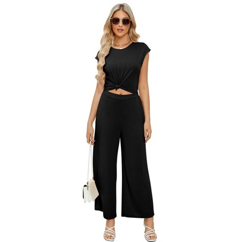 Womens Jumpsuits Front Knot Crewneck Romper Backless Cap Sleeve