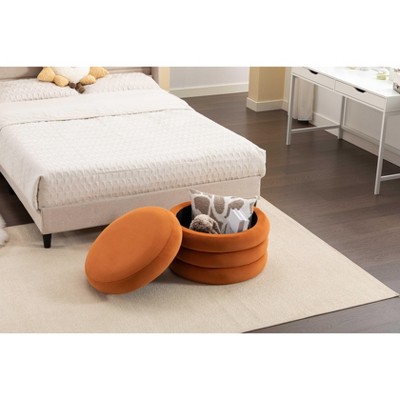 CAVINAS Round Boucle Fabric Storage Ottoman Bench with Wooden Shelving,Upholstered Storage Ottoman,Storage Bench for Living Room,Bedroom