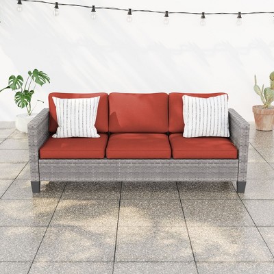 Sonkuki Outdoor Wicker Patio 3-Seat Sofa, PE Rattan Conversation Set With All-Weather Cushions