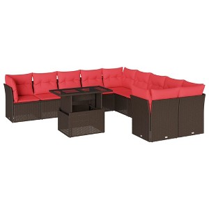 vidaXL 11 Piece Garden Sofa Set with Cushions Poly Rattan - Brown - 1 of 4