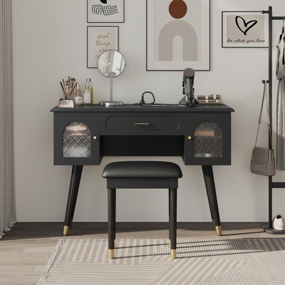 40 Inch Modern Vanity Desk Set with Integrated Charging Station & Carved Glass Cabinets, Makeup Table