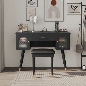 40 Inch Modern Vanity Desk Set with Integrated Charging Station & Carved Glass Cabinets, Makeup Table - 1 of 4