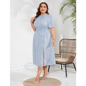 Coolmee Women's Plus Size Floral Print Dress Smocked Elastic Waist Midi Dress - 1 of 4