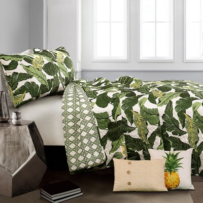 King White and Green Microfiber Reversible Quilt Set