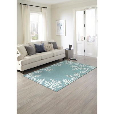 Handmade Coral Border Aqua Tufted Wool Blend Rug