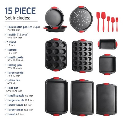 15-Piece Black Carbon Steel Bakeware Set with Red Silicone Handles