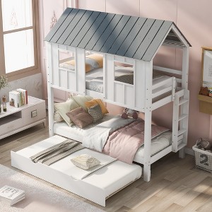House Bunk Bed with Trundle, Wooden Twin over Twin Bunk Bed with Trundle, Roof and Windows, Playhouse Bed for Kids, White+gray - 1 of 4
