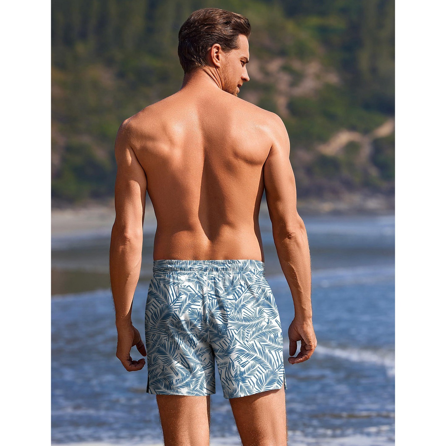 Мужские шорты Ekouaer 2-Pack 5" Swim Trunks with Compression Liner, Quick Dry Board Shorts, Zipper Pocket Black/Plant Leaves XL, цвет: Чёрный — фото 3